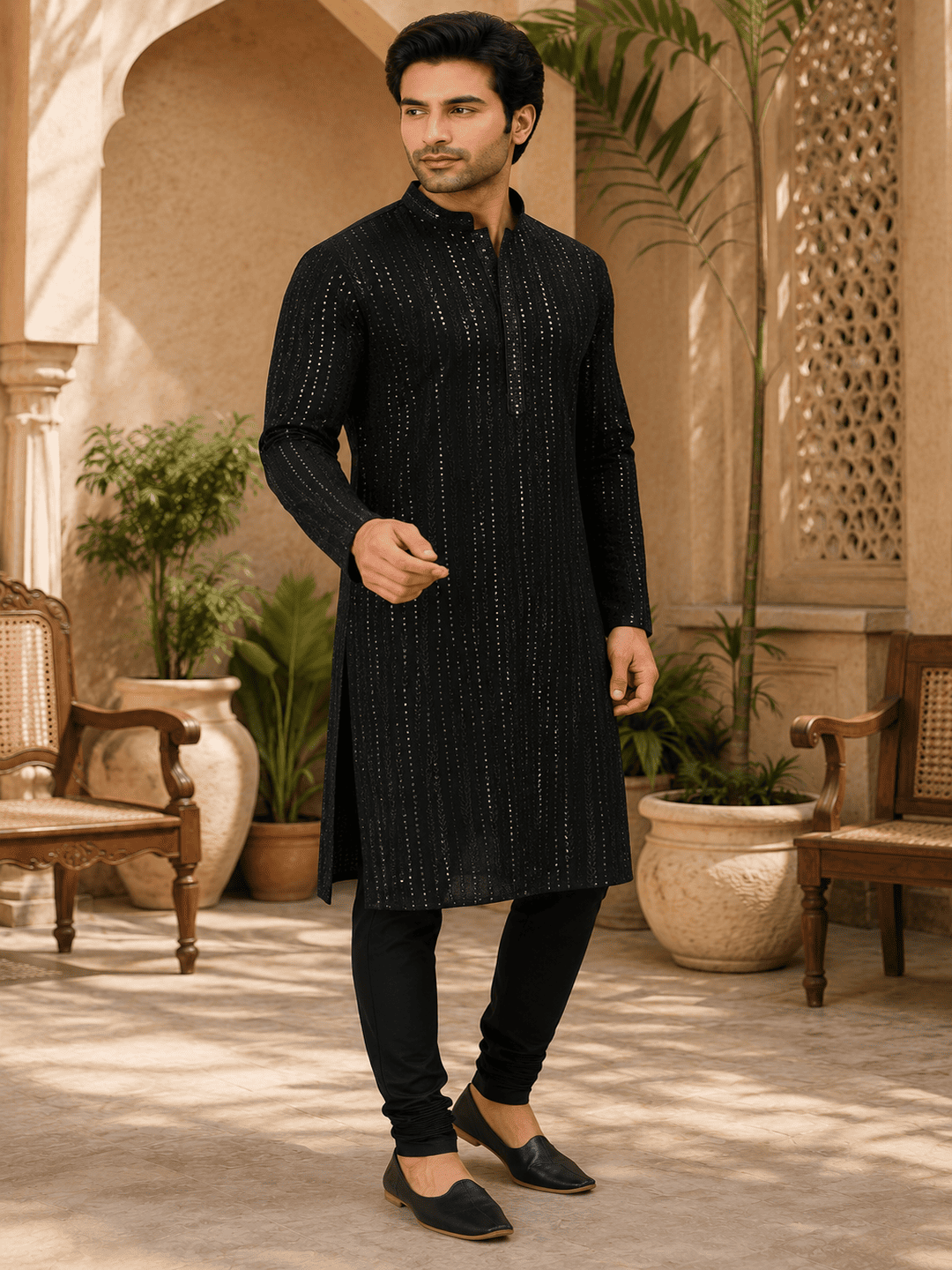 MULTI SHADES Midnight Luxe Black Embellished Kurta Set - Dista