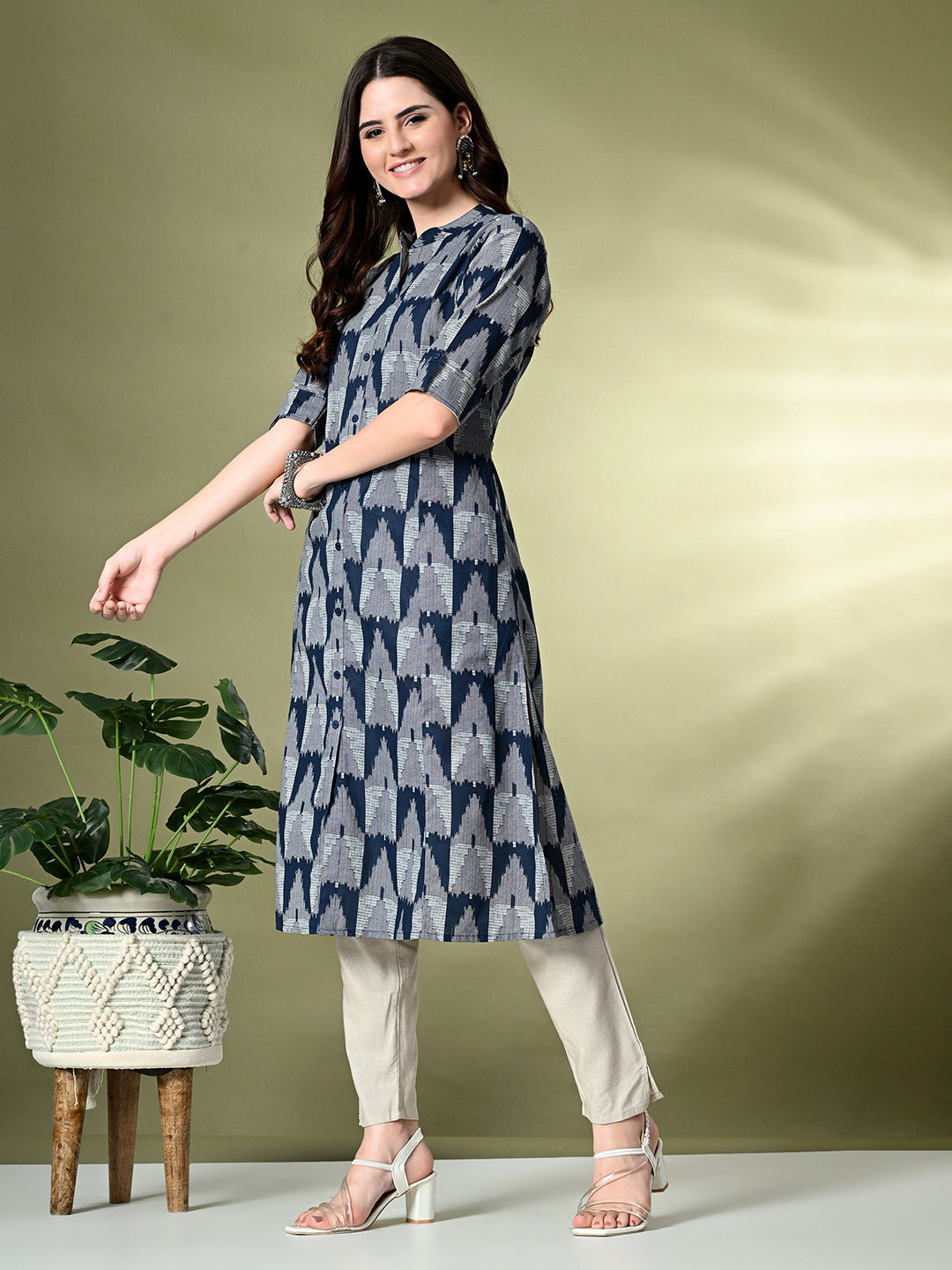 Myshka Women's Cotton Printed A-Line Kurta in Navy Blue Color - Distacart