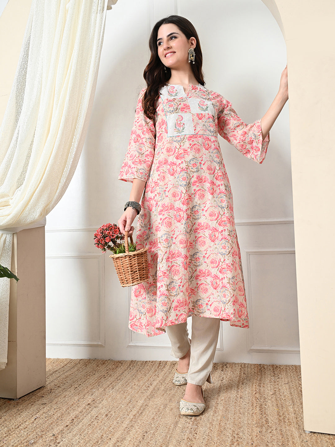 Myshka Women's Hakoba Printed A-Line Kurta in Peach Color - Distacart