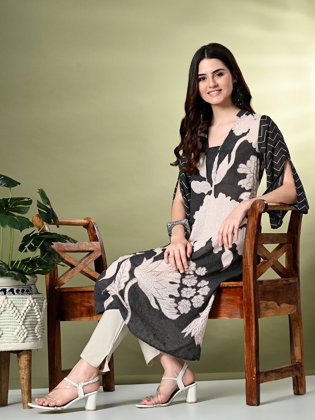 Myshka Women's Hakoba Printed A-Line Kurta in Black Color - Distacart