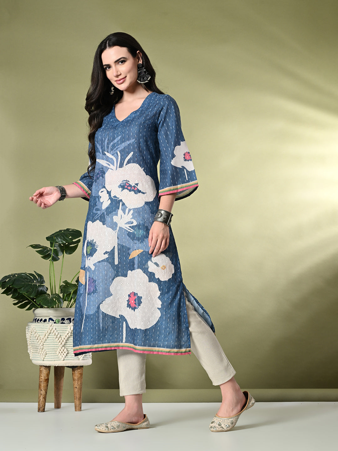 Myshka Women's Hakoba Printed A-Line Kurta in Blue Color - Distacart