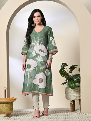 Myshka Women's Hakoba Printed A-Line Kurta in Green Color - Distacart