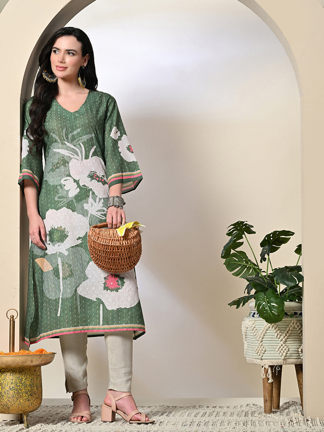 Myshka Women's Hakoba Printed A-Line Kurta in Green Color - Distacart