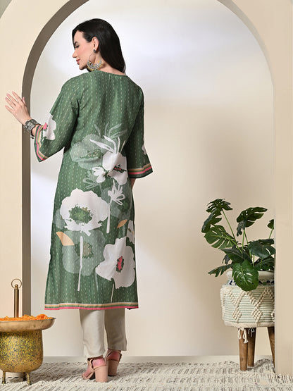Myshka Women's Hakoba Printed A-Line Kurta in Green Color - Distacart
