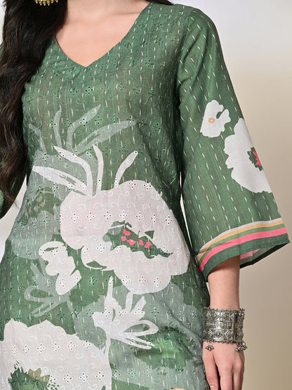 Myshka Women's Hakoba Printed A-Line Kurta in Green Color - Distacart