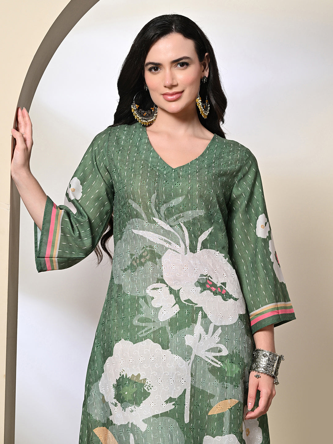 Myshka Women's Hakoba Printed A-Line Kurta in Green Color - Distacart