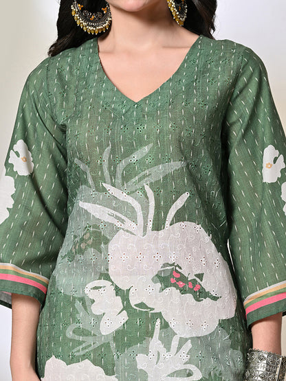 Myshka Women's Hakoba Printed A-Line Kurta in Green Color - Distacart