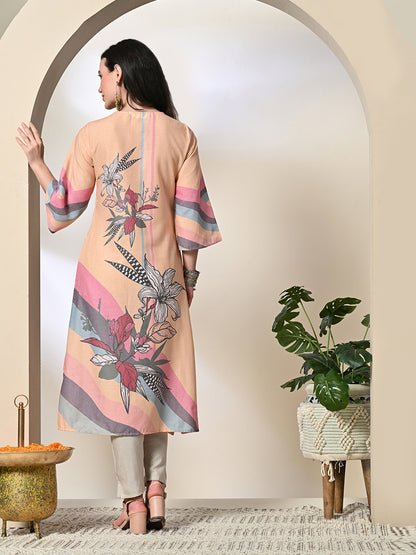 Myshka Women's Hakoba Printed A-Line Kurta in Yellow Color - Distacart