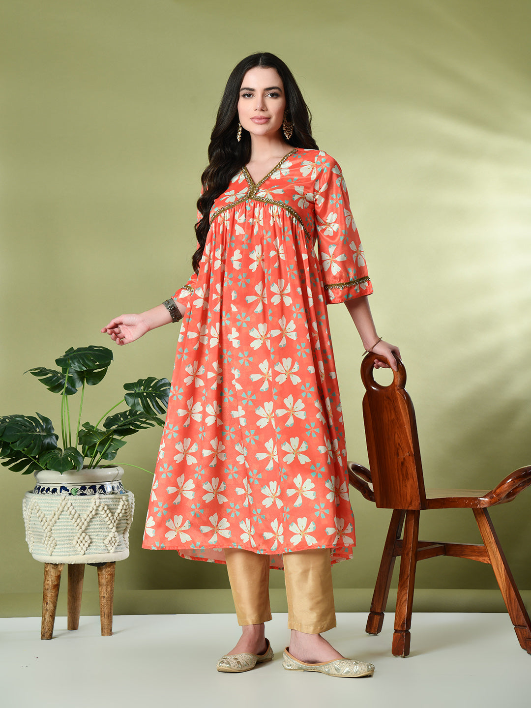 Myshka Women's Chinon Printed Alia-cut Kurta in Orange Color - Distacart