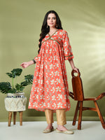 Thumbnail for Myshka Women's Chinon Printed Alia-cut Kurta in Orange Color - Distacart