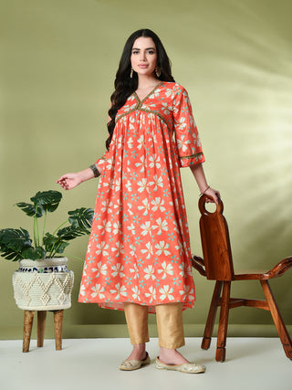 Myshka Women's Chinon Printed Alia-cut Kurta in Orange Color - Distacart