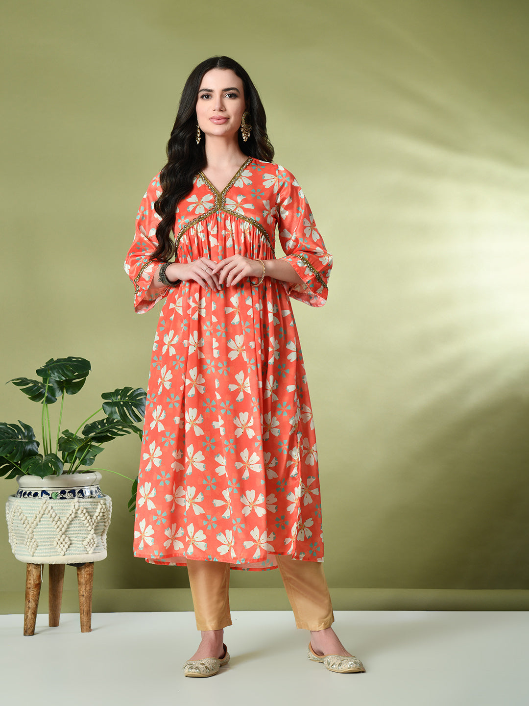 Myshka Women's Chinon Printed Alia-cut Kurta in Orange Color - Distacart