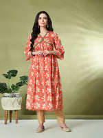 Thumbnail for Myshka Women's Chinon Printed Alia-cut Kurta in Orange Color - Distacart