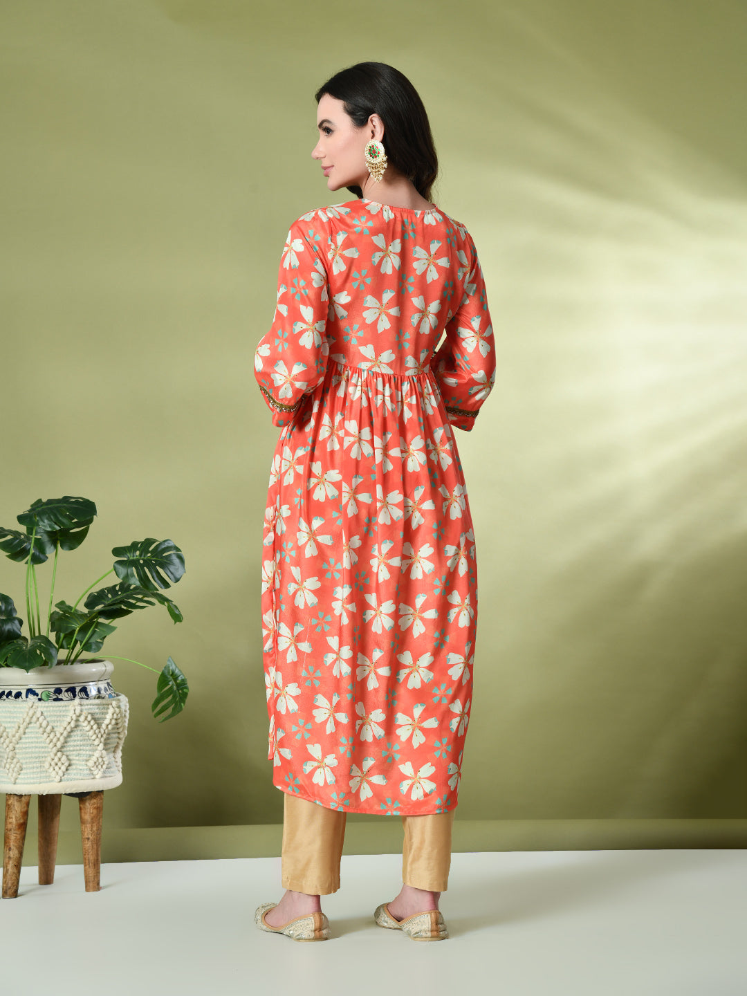 Myshka Women's Chinon Printed Alia-cut Kurta in Orange Color - Distacart