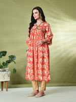 Thumbnail for Myshka Women's Chinon Printed Alia-cut Kurta in Orange Color - Distacart