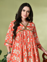 Thumbnail for Myshka Women's Chinon Printed Alia-cut Kurta in Orange Color - Distacart