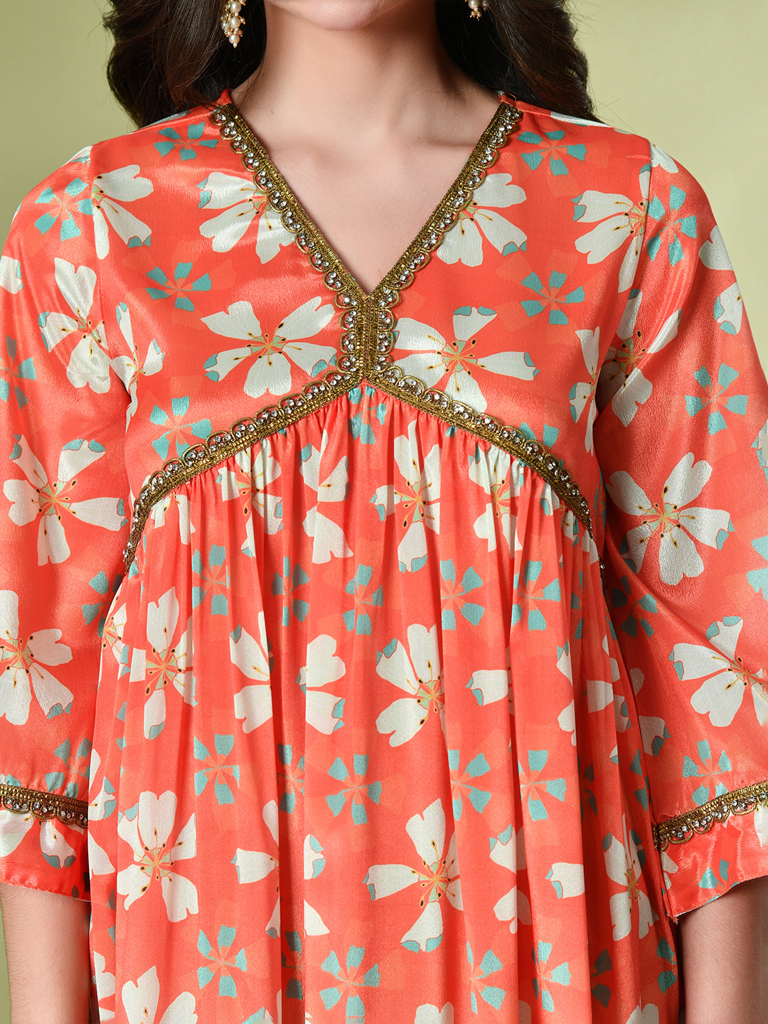 Myshka Women's Chinon Printed Alia-cut Kurta in Orange Color - Distacart