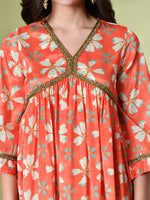 Thumbnail for Myshka Women's Chinon Printed Alia-cut Kurta in Orange Color - Distacart