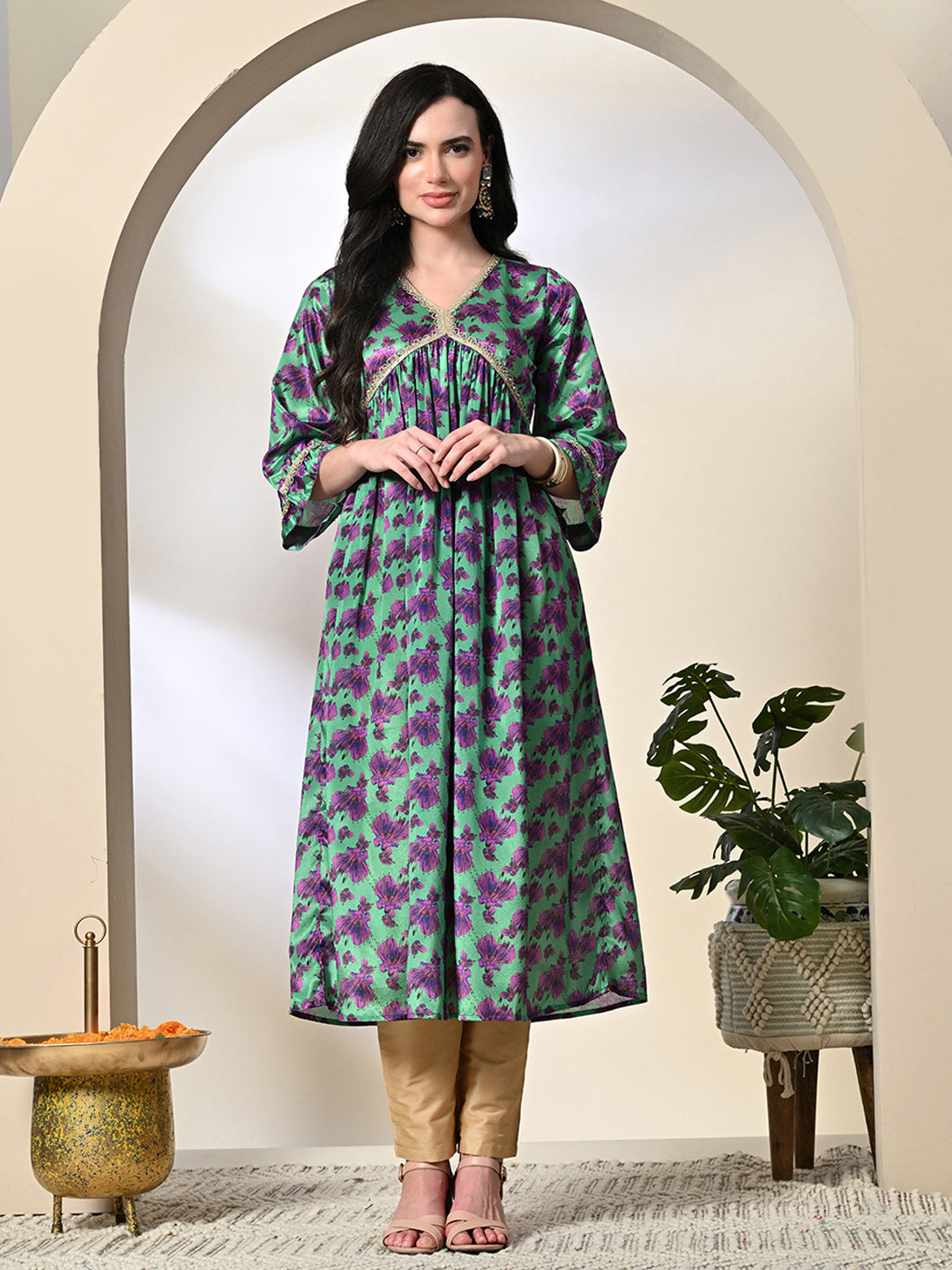 Myshka Women's Chinon Printed Alia-cut Kurta in Green Color - Distacart