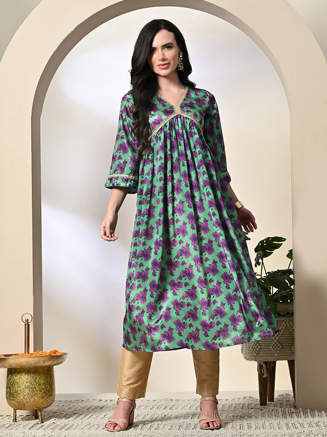 Myshka Women's Chinon Printed Alia-cut Kurta in Green Color - Distacart