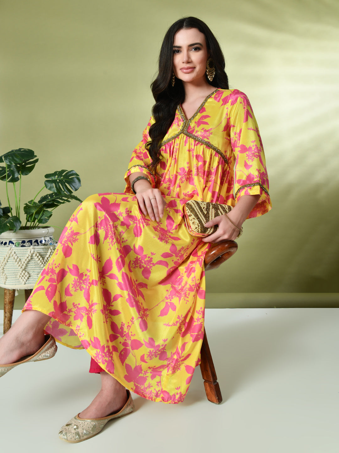 Myshka Women's Chinon Printed Alia-cut Kurta in Yellow Color - Distacart