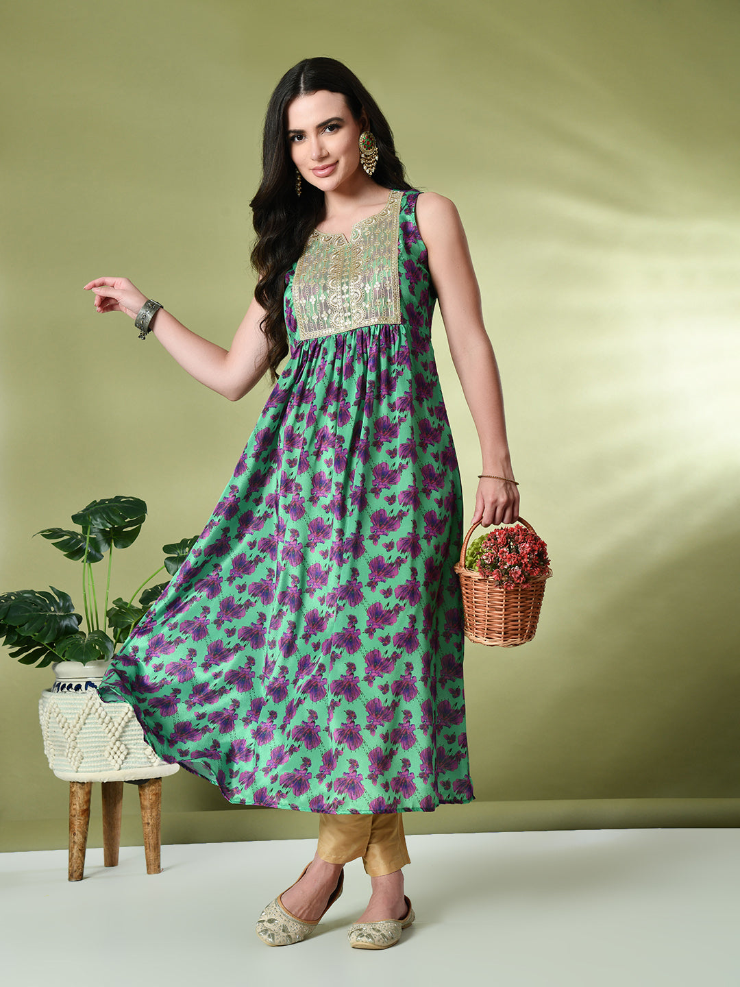 Myshka Women's Chinon Embroidered Flayerd Kurta in Green Color - Distacart