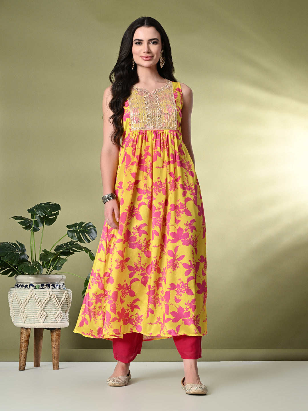 Myshka Women's Chinon Embroidered Flayerd Kurta in Yellow Color - Distacart