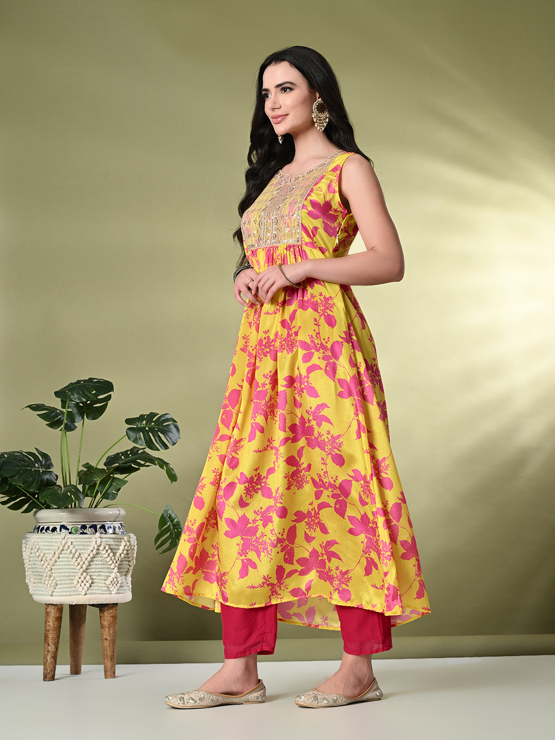 Myshka Women's Chinon Embroidered Flayerd Kurta in Yellow Color - Distacart