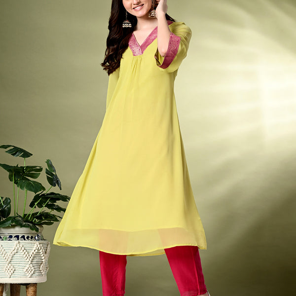 Myshka Women's Georgette Solid A-Line Kurta in Yellow Color - Distacart
