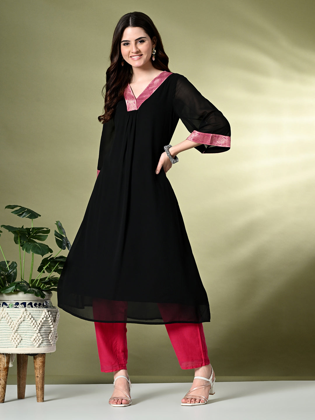 Myshka Women's Georgette Solid A-Line Kurta in Black Color - Distacart