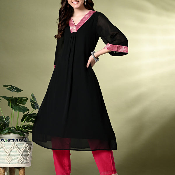 Myshka Women's Georgette Solid A-Line Kurta in Black Color - Distacart