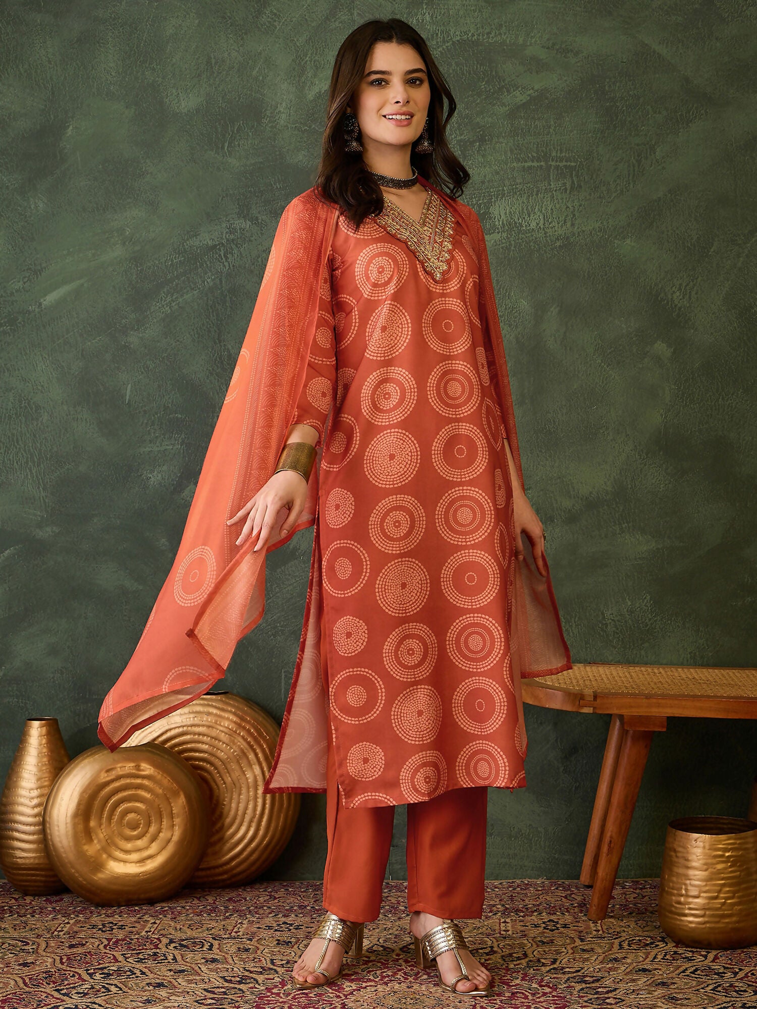 The52 Women's Gorgeous Rayon Embroidery Straight Kurta with Pant And Dupatta Set-Orange - Dista