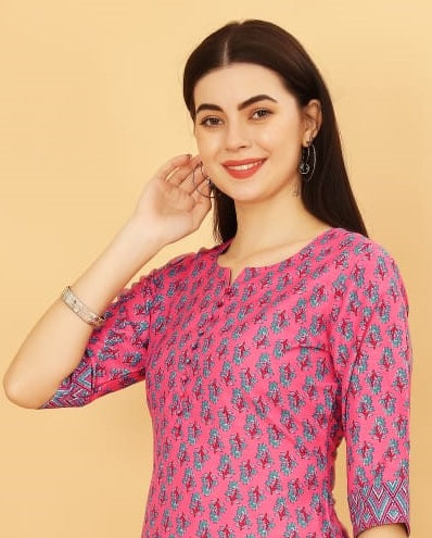 Malishka Pink Cotton Blend Printed Kurta Pant Set - Distacart