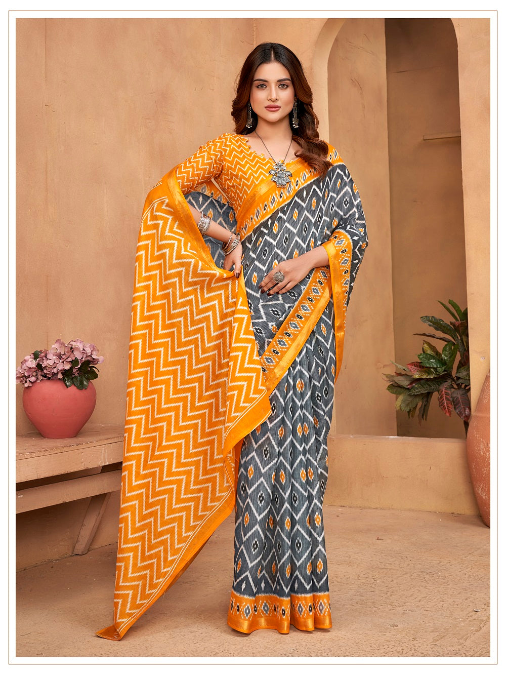 Malishka Cotton Printed Saree With Unstitched Blouse Piece - Orange