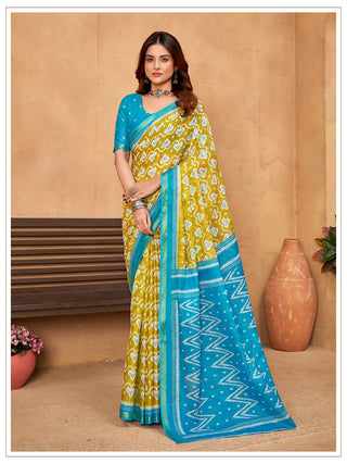 Malishka Cotton Printed Saree With Unstitched Blouse Piece - Mustard