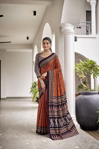 Malishka Cotton Printed Saree With Unstitched Blouse Piece - Orange