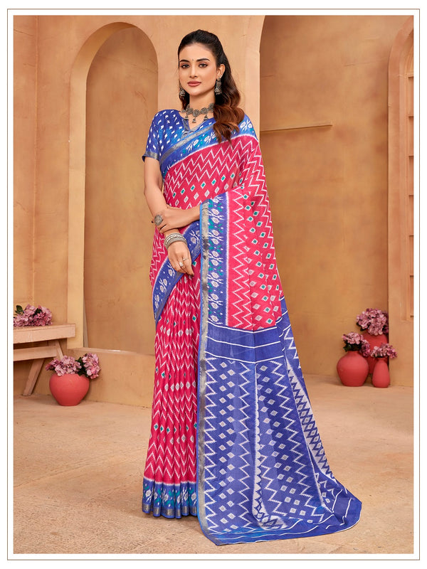 Malishka Cotton Printed Saree With Unstitched Blouse Piece - Pink