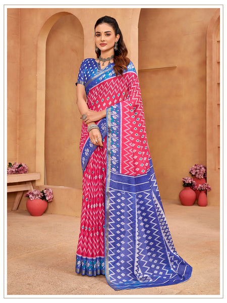 Malishka Cotton Printed Saree With Unstitched Blouse Piece - Pink