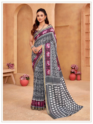 Malishka Cotton Printed Saree With Unstitched Blouse Piece - Grey