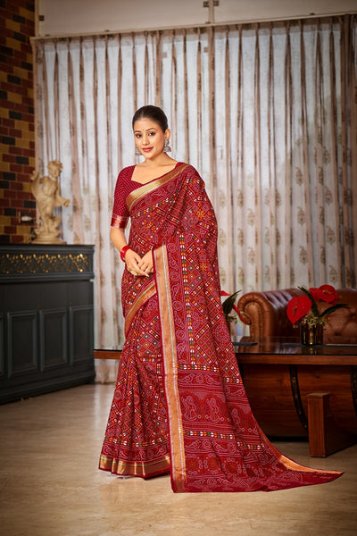 Malishka Cotton Printed Saree With Unstitched Blouse Piece - Maroon