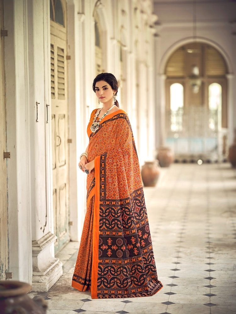 Malishka Cotton Printed Saree With Unstitched Blouse Piece - Orange