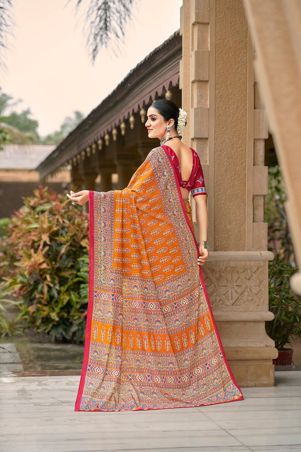 Malishka Cotton Printed Saree With Unstitched Blouse Piece - Orange