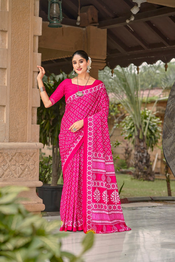 Malishka Cotton Printed Saree With Unstitched Blouse Piece - Pink