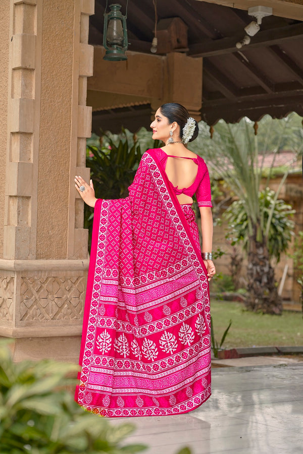 Malishka Cotton Printed Saree With Unstitched Blouse Piece - Pink