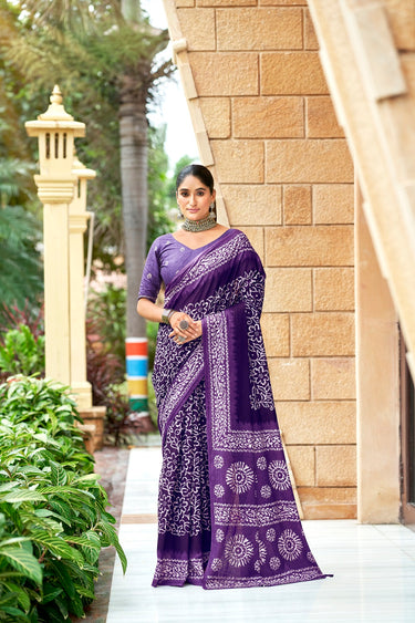 Malishka Cotton Printed Saree With Unstitched Blouse Piece - Purple
