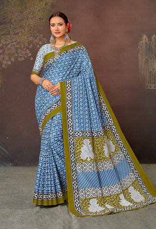 Malishka Cotton Printed Saree With Unstitched Blouse Piece - Sky Blue