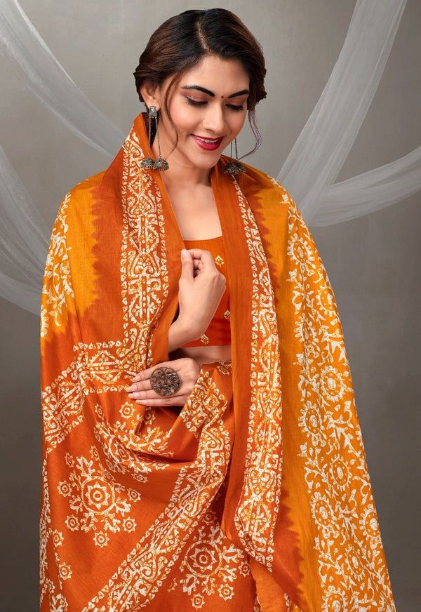 Malishka Cotton Printed Saree With Unstitched Blouse Piece - Orange
