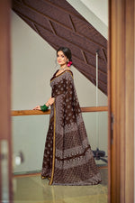 Thumbnail for Malishka Cotton Printed Saree With Unstitched Blouse Piece - Coffee