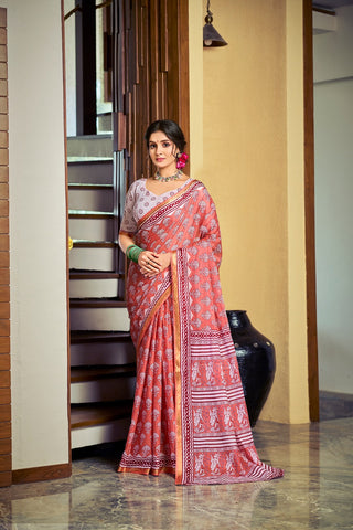 Malishka Cotton Printed Saree With Unstitched Blouse Piece - Peach