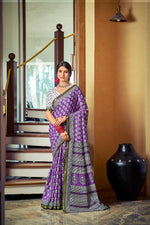 Thumbnail for Malishka Cotton Printed Saree With Unstitched Blouse Piece - Purple